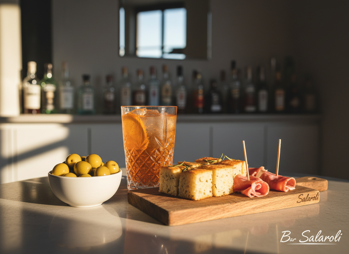 A close-up, photographic image of a refined Italian aperitivo setup on a smooth stone table at Bar Salaroli. A crystal-clear tumbler with a vibrant orange spritz filled with clinking ice cubes sits beside a small white ceramic bowl of green olives and a wooden board with neatly sliced focaccia and prosciutto bites. The background shows a softly blurred, clean bar interior with hints of bottles and glass shelves. Warm, late-afternoon light streams in, creating golden reflections in the drink and gentle shadows under the snacks. Shot from a slightly elevated angle with a shallow depth of field, the composition feels intimate, sophisticated, and inviting, perfect for showcasing the aperitivo experience.