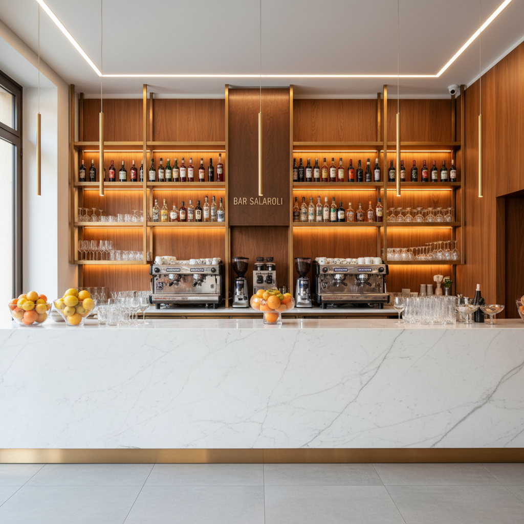 An elegant panoramic view of Bar Salaroli’s interior in Forlì, showing a long, immaculate marble counter with neatly lined espresso machines, polished glassware, and bowls of fresh citrus. High shelves display an organized selection of aperitivo bottles, framed by warm wood paneling and subtle metallic accents. Natural daylight floods in from unseen windows, complemented by discreet recessed lighting that keeps every surface bright and clean. Photographic realism, captured with a wide-angle lens from the entrance, sharp focus throughout, emphasizing symmetry, order, and contemporary Italian design. The mood is professional, welcoming, and authentic, suggesting a perfect place for both morning colazioni and evening aperitivi without any human presence.