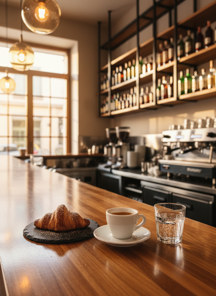 A polished wooden bar counter in a stylish Italian café in Forlì, topped with a pristine white ceramic espresso cup on a matching saucer, a small glass of sparkling water, and a flaky croissant on a slate plate. Behind, shelves of neatly arranged bottles and coffee equipment line a clean, modern back bar with warm wood and matte black accents. Soft morning sunlight filters through large windows, mixing with warm pendant lighting and casting gentle reflections on the countertop. Photographic realism, shot at eye level with a shallow depth of field, focusing crisply on the breakfast setup while the bar interior fades into a soft, welcoming bokeh, conveying a professional yet inviting atmosphere.